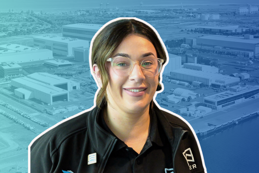 Alanna - headshot on background of Osborne Shipyard