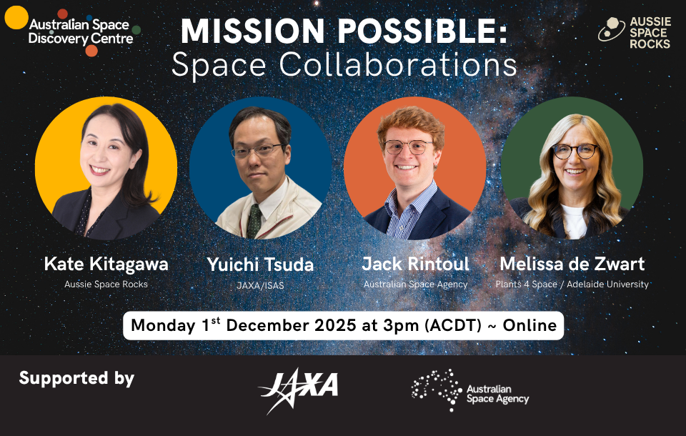 Poster titled 'Mission Possible: Space Collaborations' with headshots of four speakers against colourful backgrounds. Event details: December 1, 2025, 3pm ACDT, online