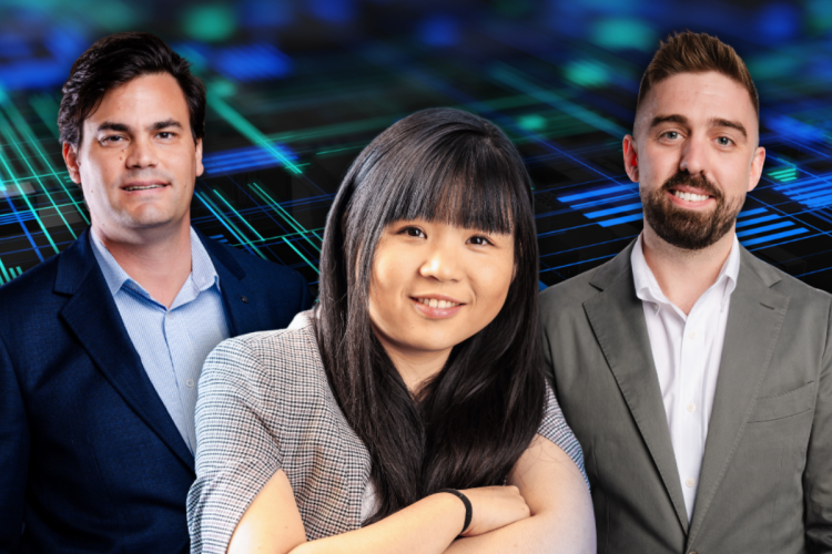 Three professionally dressed individuals standing side by side in front of a digital, futuristic background.