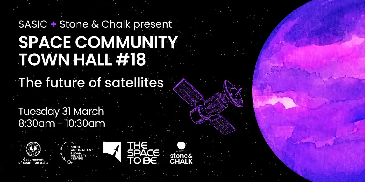 A satellite orbits a purple planet the words "Space Community Town Hall #18" float in space