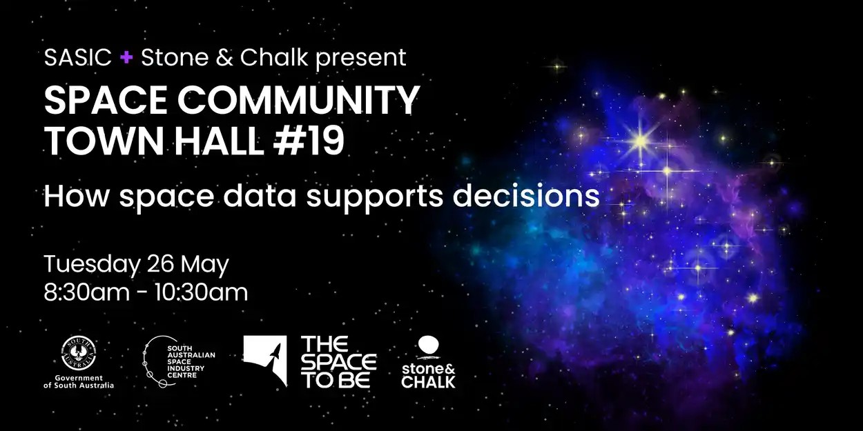 "Space Community Town Hall #19" floats in space amongst a purple nebula